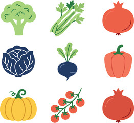 Fototapeta premium Fresh Vegetables Icons Set Featuring Broccoli Celery Pomegranate Cabbage Beetroot Bell Pepper Pumpkin Tomatoes and Organic Healthy Food Elements for Cooking Design.