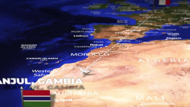 Flight From Paris FRANCE to Banjul GAMBIA with flag pins