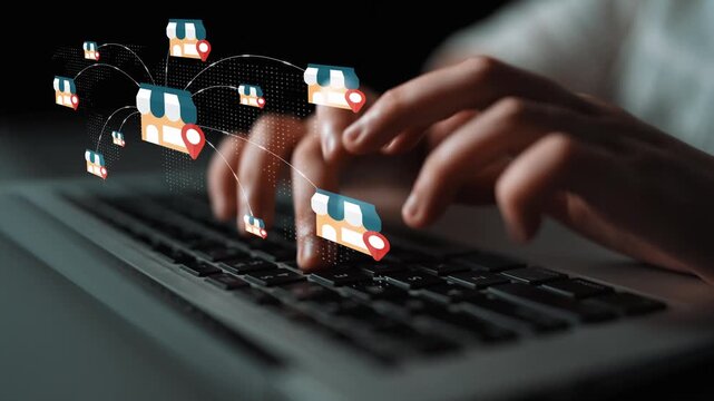 Digital Marketing Concept with E-commerce Stores and Hands Typing on Laptop Creating Online Business Connections in Modern Workspace Gluon.