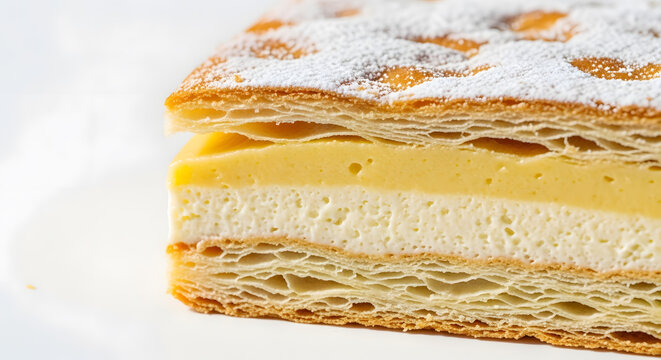Slice of a scrumptious blejska kremsnita or Slovenian bled cream cake, butter based cake served on white background