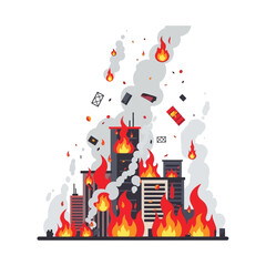 Obraz premium City Buildings on Fire with Falling Debris and Smoke