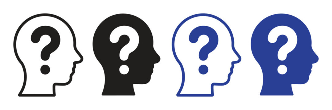 Human head question mark icons collection, silhouette profile with thinking and uncertainty symbols for problem solving and decision concept vector set.