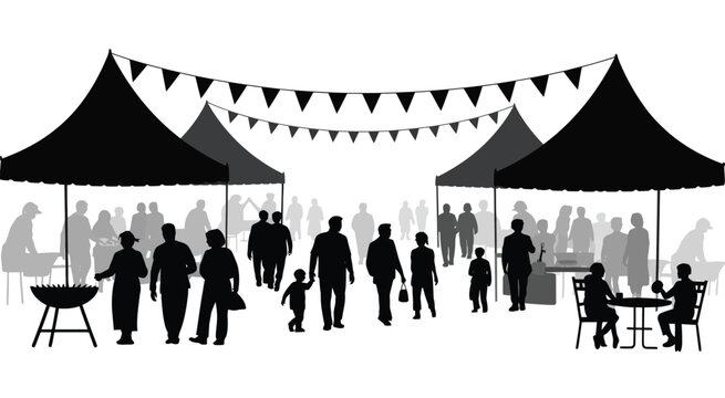 Silhouette of people walking at an outdoor festival market with stalls tents bunting flags barbecue grill and tables in vector style.
