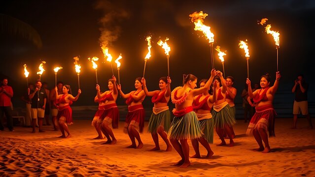 Beach torches illuminating hula dancers at night, tropical celebration with ocean background.