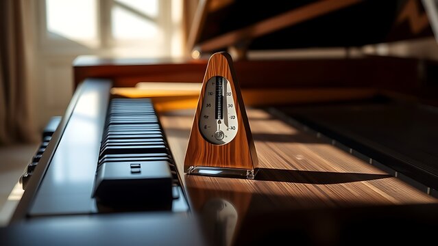 A classic wooden metronome ticking on the surface of an empty grand piano.