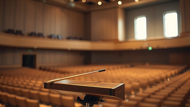 Conductor's baton on music stand in empty hall, soft side light.