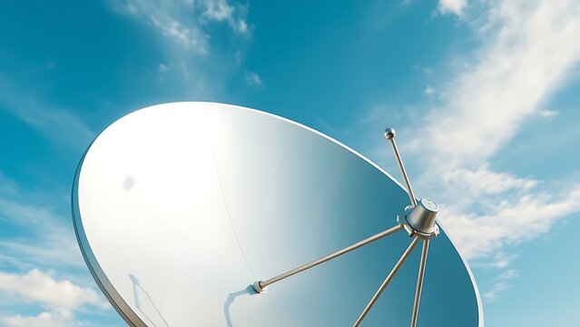 A polished silver satellite dish reflecting clouds in a blue sky.