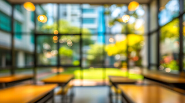 Blurred cafe or restaurant interior with bright outdoor view through large, coffee shop