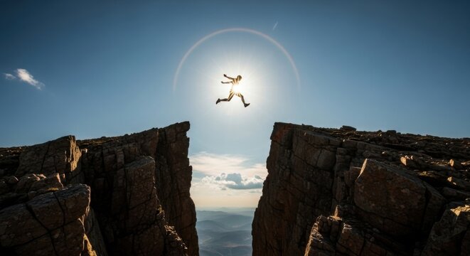 Man jumping between rocky cliffs.