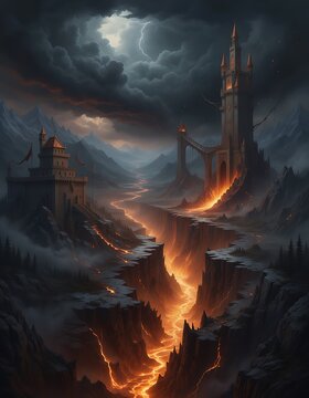 Dark fantasy landscape with a volcanic river flowing between ancient stone towers under a stormy sky.