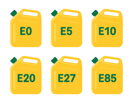 Ethanol fuel container icons featuring E0, E5, E10, E20, E27, and E85 labels.