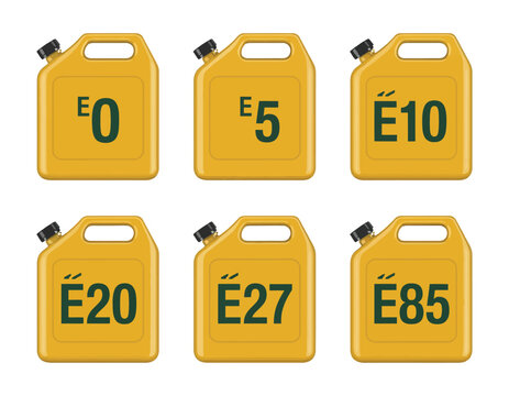Ethanol fuel container icon set with yellow biofuel canisters for gasoline blend energy labels.