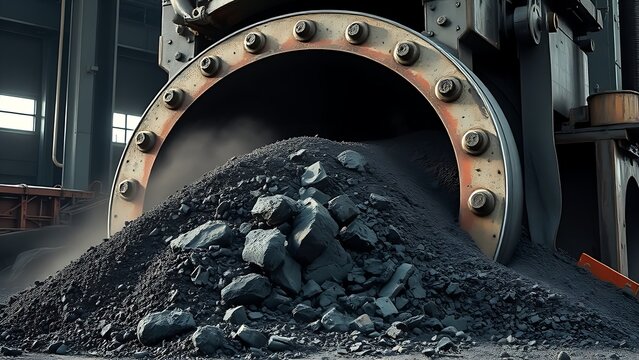 Industrial jaw crusher crushing dark ore, dynamic metallic scene.