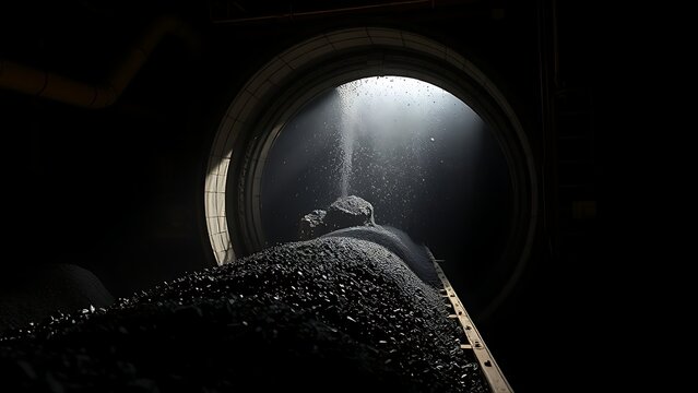 Industrial scene of ore flowing off a conveyor belt into a dark crusher.