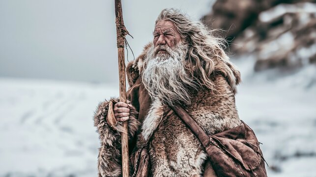 Wise Old Man in Winter Landscape Scene