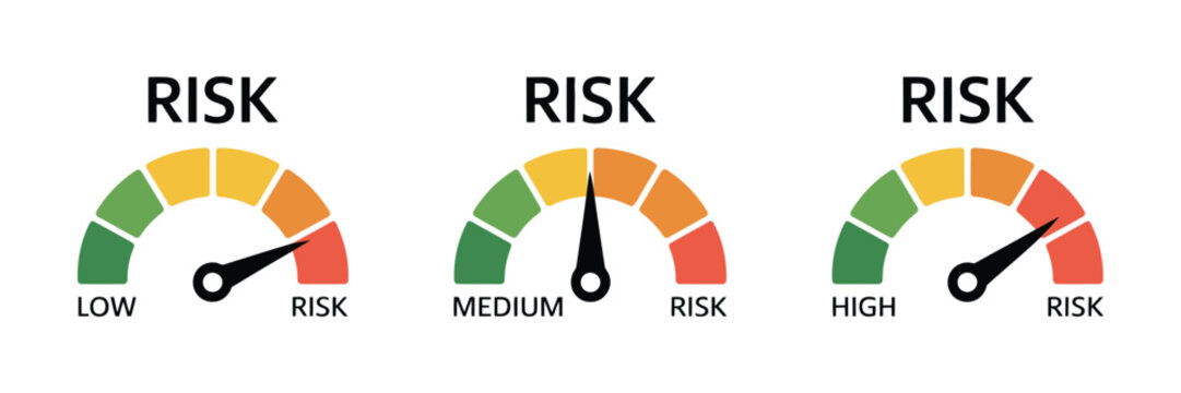 Risk meter icon, gauge indicator showing low medium high risk levels vector illustration for assessment, safety and analysis dashboard design.