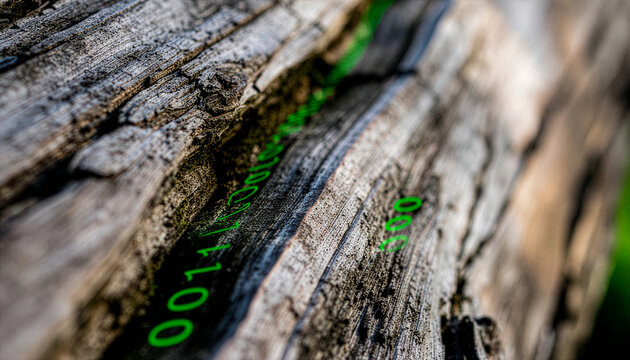 Weathered Wood with Glowing Green Binary Code Fissure