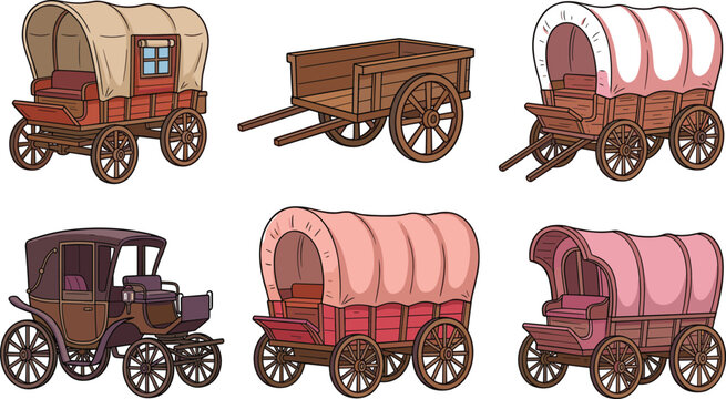 Vintage wagon collection with wooden carts and covered carriages, old western transport set in retro style vector illustration isolated background