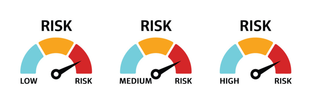 Risk meter icon, gauge indicator showing low medium high risk levels vector illustration for assessment, safety and analysis dashboard design.