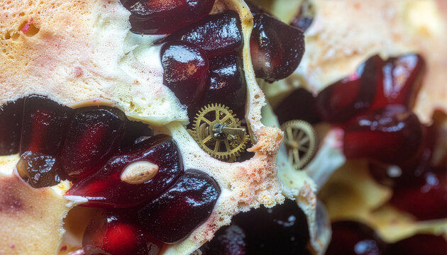 Pomegranate Arils with Integrated Golden Clockwork Gears