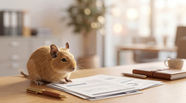 Golden Degu Checking Documents on Office Desk