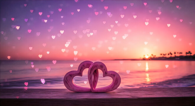Intertwined Heart Shaped Floats on Beach at Sunset with Heart Confetti