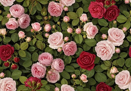 Beautiful pink and red roses with green leaves arrangement floral pattern