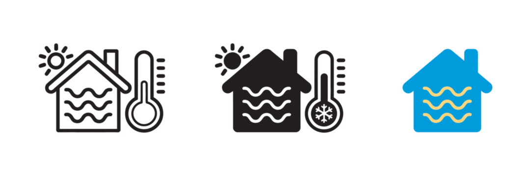 Indoor comfort regulation concept, home icon with airflow circulation lines and temperature gauge, heating cooling balance system, indoor climate control and air quality management symbol
