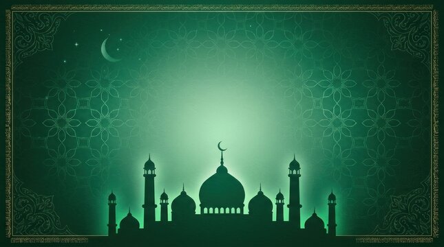 Emerald green Islamic background featuring traditional mosque silhouette style