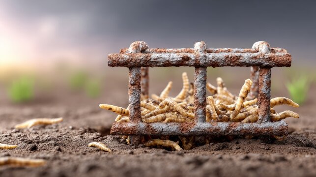 Rusty Iron Cage Half-Buried in Soil With Pale Worms Inside