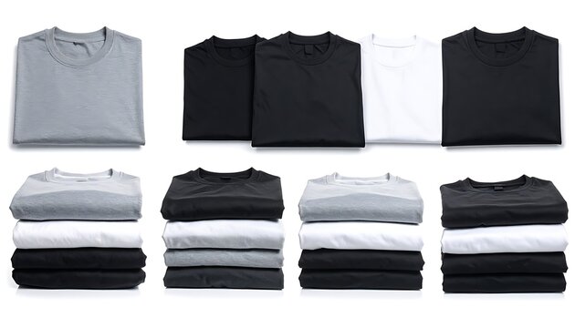 Variety of folded casual crew neck t shirts.