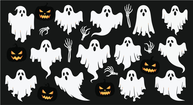 Ghost set. Funny Ghost icons. Cute ghost characters. Design elements for logo, badges, banners, labels, posters. Vector