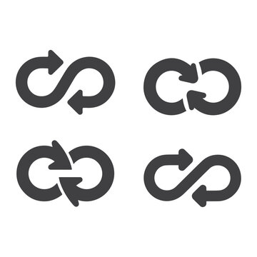 Four distinct infinity loop symbols with arrows are presented on a white background for graphic design purposes.