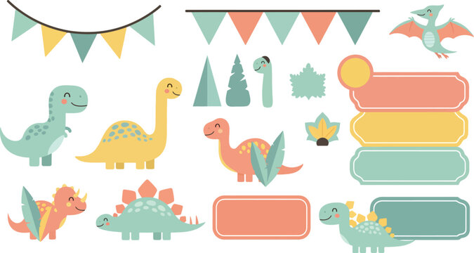 Colorful dinosaur party decorations and icons for kids