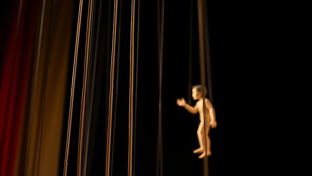 Backstage view of a puppet theater with marionette control rods.