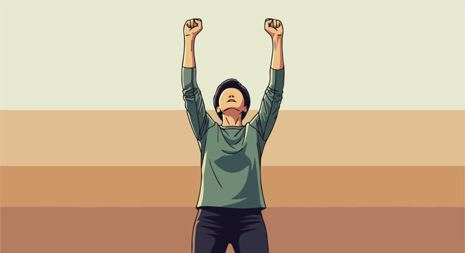 An illustrated person raising both fists in the air in a triumphant pose