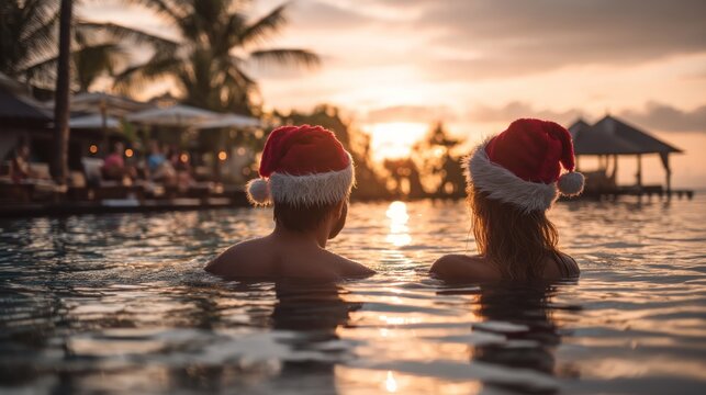 Couple in santa hats enjoying sunset in a pool