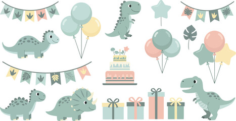 Naklejka premium Dinosaur party celebration with balloons and decorations