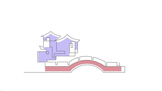 Minimalist one line drawing of traditional Japanese house with zen garden, bridge, and sun, oriental architecture animation.
