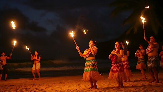 Beach torches illuminating hula dancers at night, tropical celebration with ocean background.