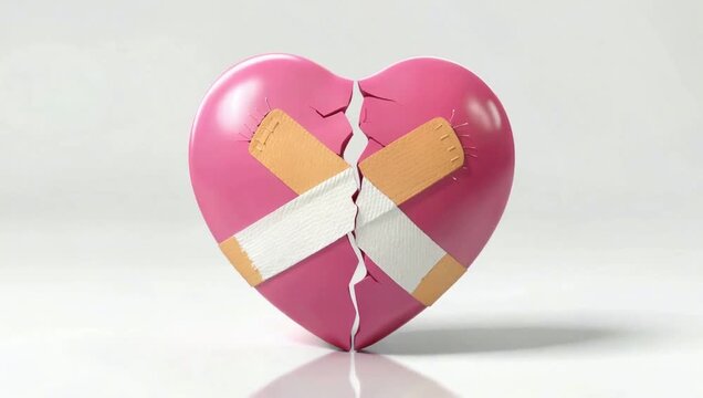 Broken pink heart with adhesive bandages on white background symbolizing emotional healing and heartbreak recovery.