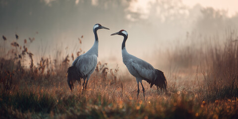 Obraz premium Two grey cranes stand in a misty field at dawn. The birds are facing each other, surrounded by tall grass and soft light.