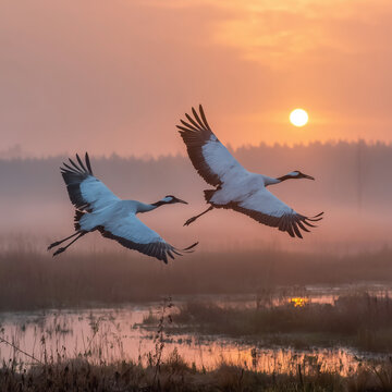 Two white cranes fly over a misty wetland at sunrise. The sun casts a warm glow on the landscape, creating a serene atmosphere.