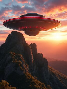 Futuristic saucer hovering above Sugarloaf Mountain, cityscape, space