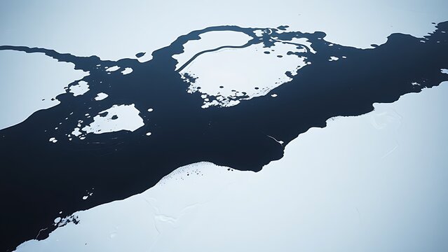 A vast white snowfield defiled by a sprawling black oil spill, aerial view.
