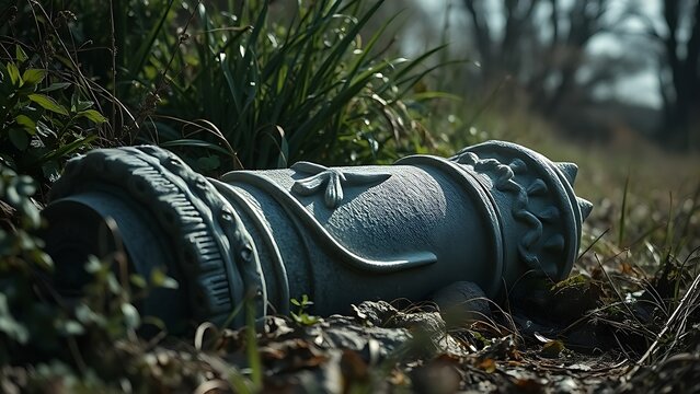 A toppled stone statue lies in overgrown weeds under dramatic natural light.