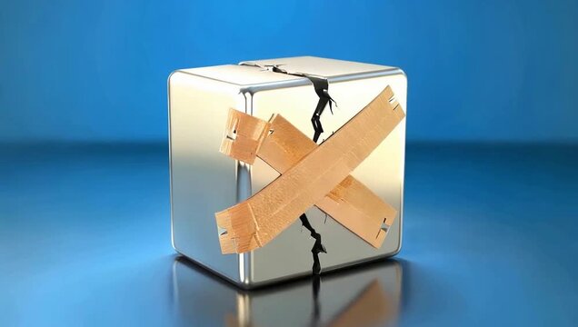 Cracked metallic cube repaired with adhesive tape on blue background