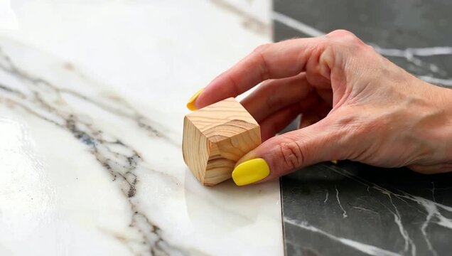 Female hand with yellow nails positioning a wooden cube on marble table