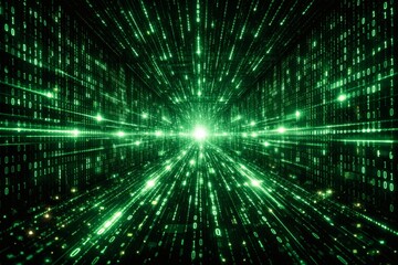 Fototapeta premium Green Matrix Binary Code Tunnel with Glowing Data Streams