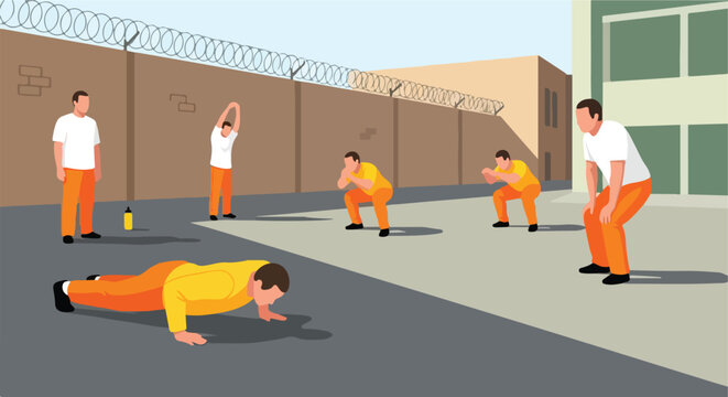 Group of prisoners exercising in a high-security prison yard with barbed wire